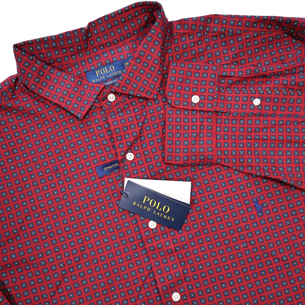 NWT POLO RALPH LAUREN Men's 3XB Red Geometric Classic Fit Stretch Poplin Shirt